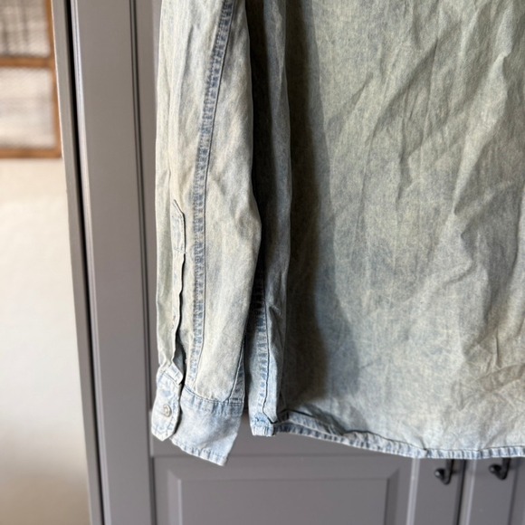 AMERICANINO Italy Mens Blue Acid Wash Band Collar Button Up L/S Shirt, Blue,S - Picture 7 of 10